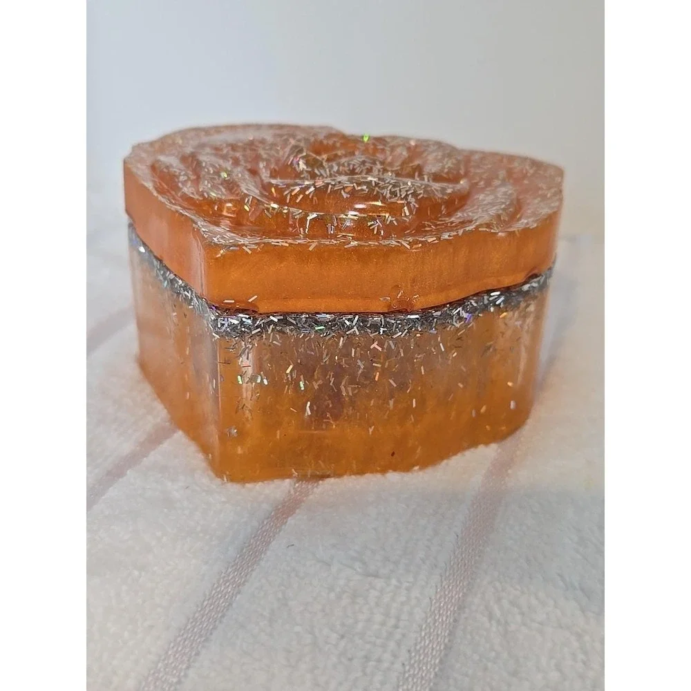 Handmade Resin Heart Shaped‎ Box With Lid Orange And Silver. 760